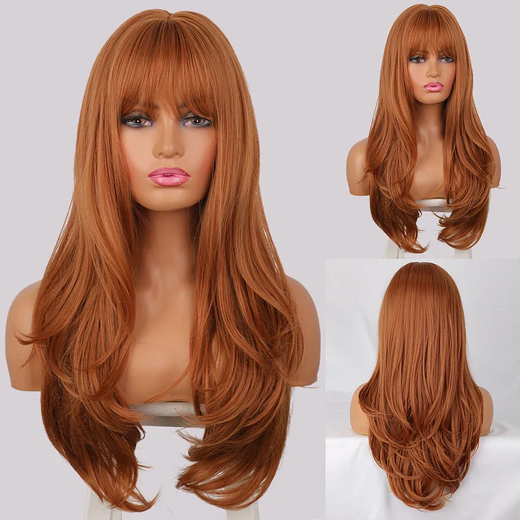 Long Water Wave Wigs Ombre Brown to Blonde Wigs with Bangs for Women