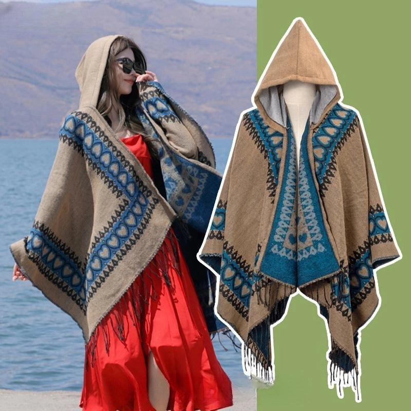 Ethnic Style Hooded Cape Women’s Yunnan Tibet Western Sichuan Grassland Bohemia Travel Wear Scarf Coat