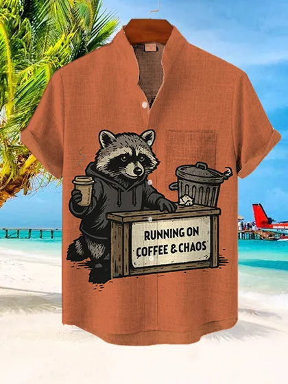 Men's Raccoon Running On Coffee And Chaos Print Short Sleeve Shirt