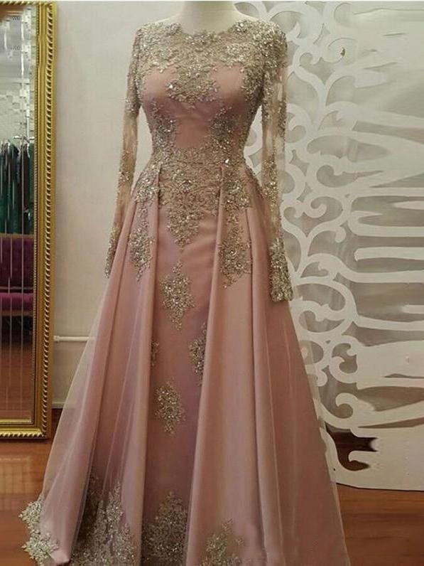 Women long sleeve gold lace evening pink dress فساتين
