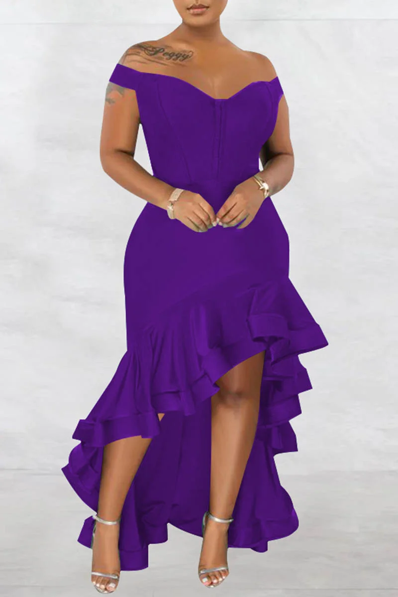 Purple Fashion Sexy Formal Solid Patchwork Backless Off the Shoulder Evening Dress Dresses | EGEMISS