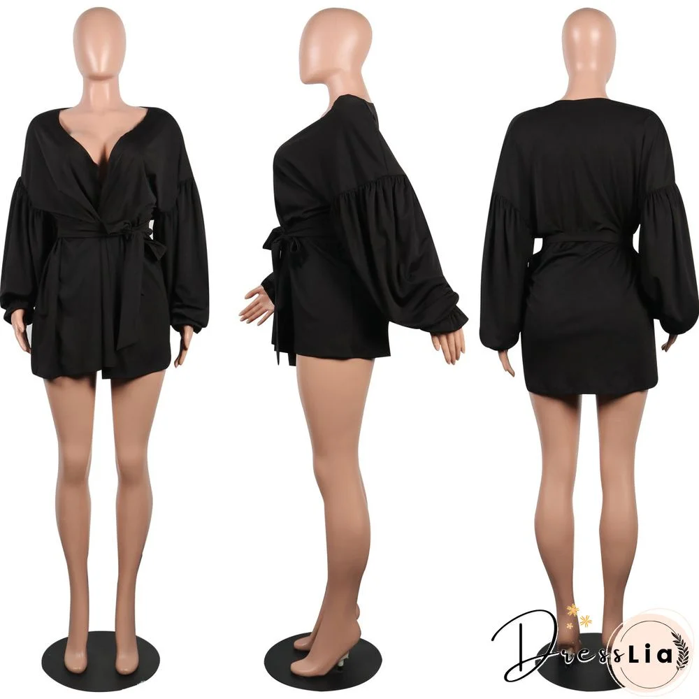 Bubble Long Sleeves V-Neck Mini Dress