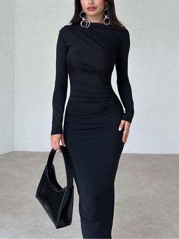 Fashionable Round Neck Long Sleeve Slim Solid Color Dress | Oxredo Shop Ramadan Sale