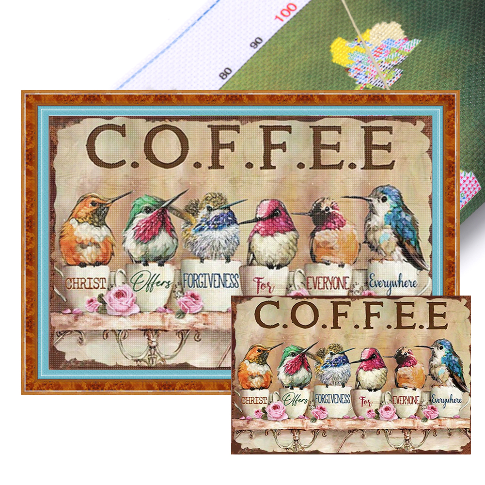 Vintage Poster-Coffee Cup Hummingbird Full 11CT Pre-stamped Canvas(40*60cm) Cross Stitch