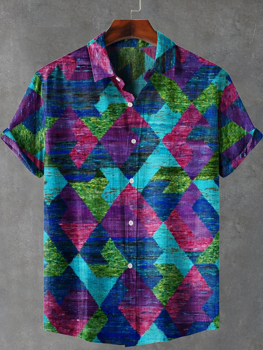 Abstract Plaid Art Print Casual 100% Cotton Shirt