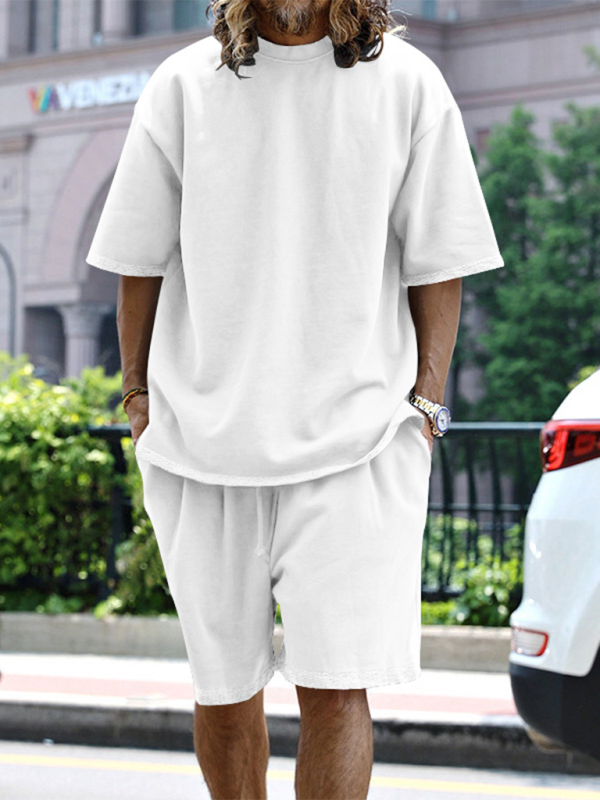 Mature Men's Solid Color Loose Short-sleeved Tops Shorts Set Suit