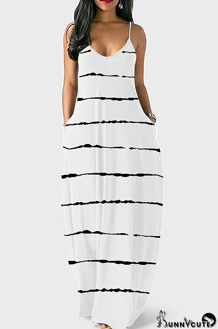 White Fashion Striped Print Backless Spaghetti Strap Long Dress