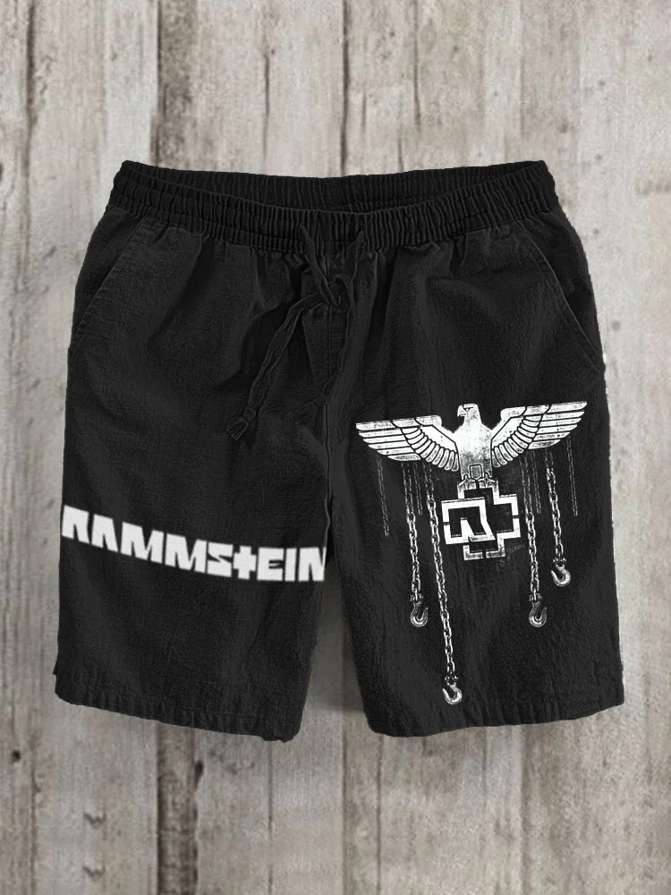 Men's Retro Heavy Metal Band Printed Cotton And Linen Shorts