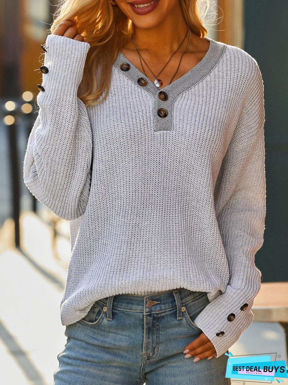 Plain Knitting V Neck Sweater