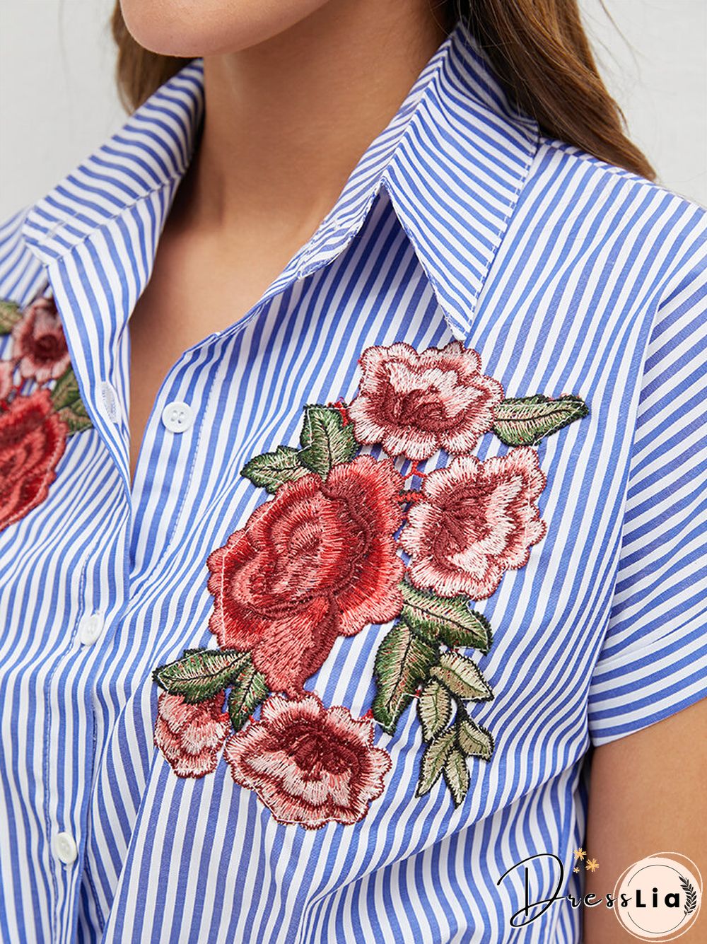 Flower Embroidery Stripe Print Tie Hem Crop Shirt