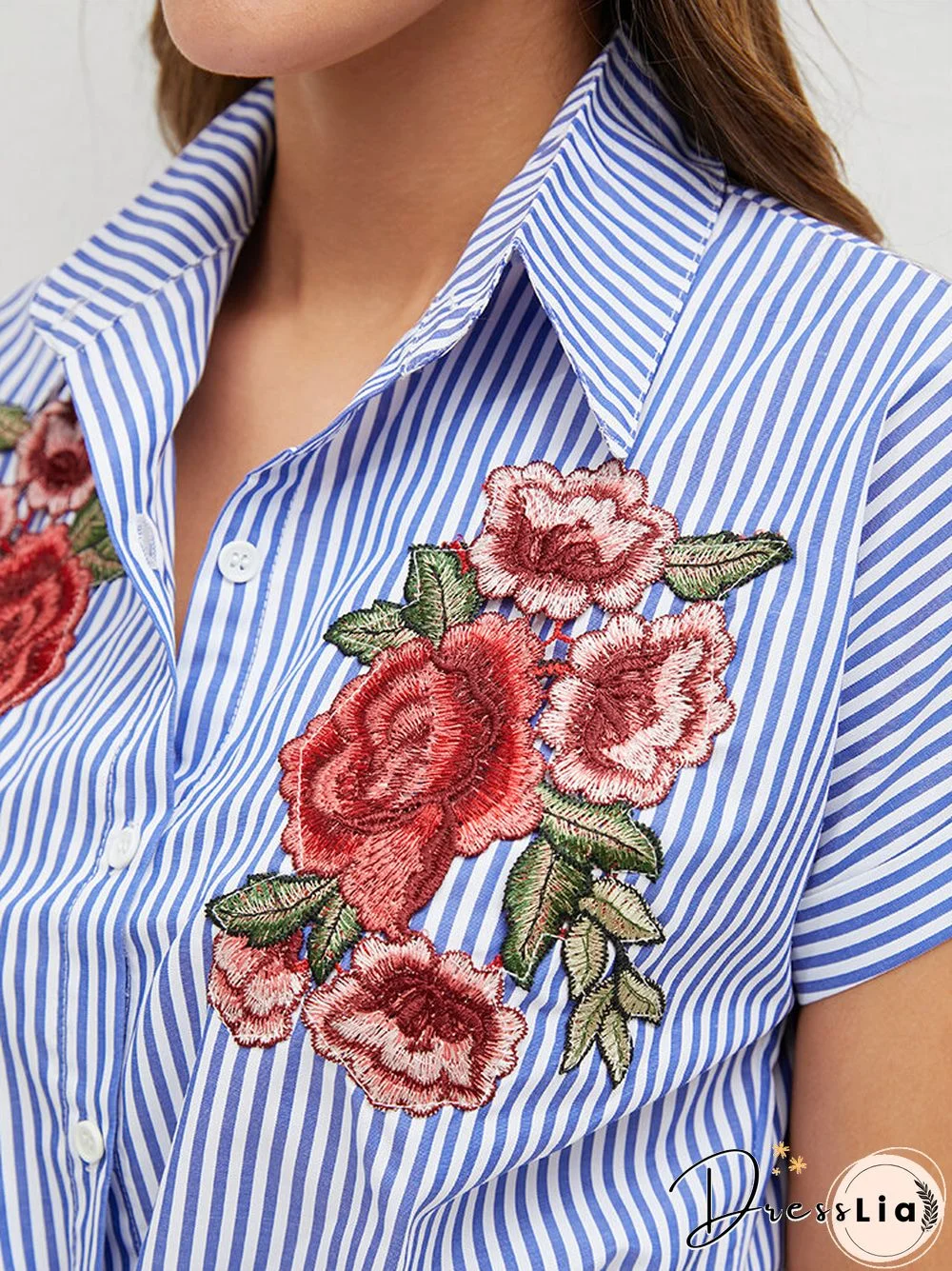 Flower Embroidery Stripe Print Tie Hem Crop Shirt