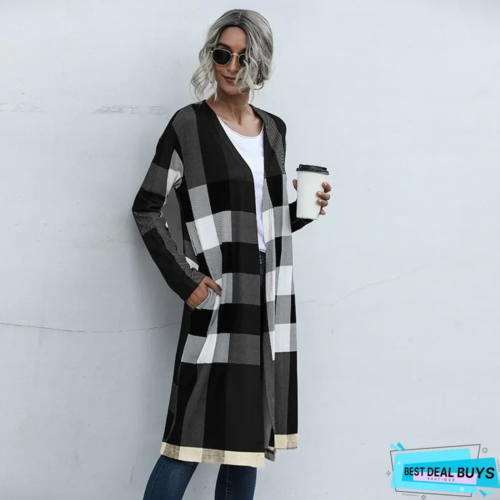 Autumn Women's Plaid Fashion Buttonless Straight Cardigan Coat Women