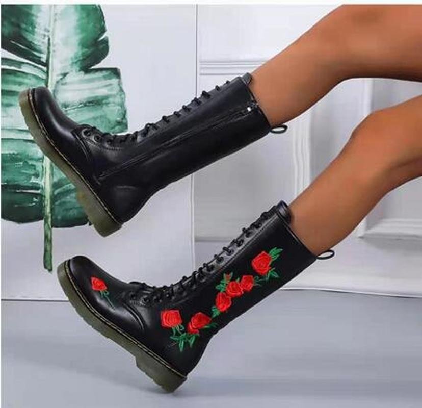 Women's Mid Calf Boots PU Embroidery Lace Up Flat Boots