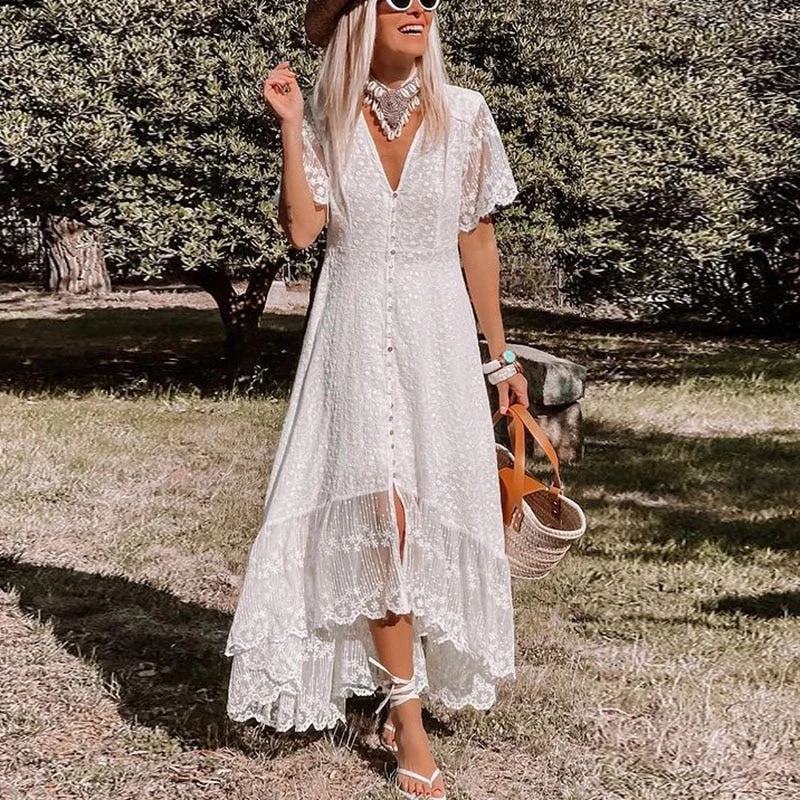 Ordifree 2022 Women Boho Maxi Dress Floral Embroidery Single Breasted Summer Vocation White Lace Sexy Tunic Long Beach Dress