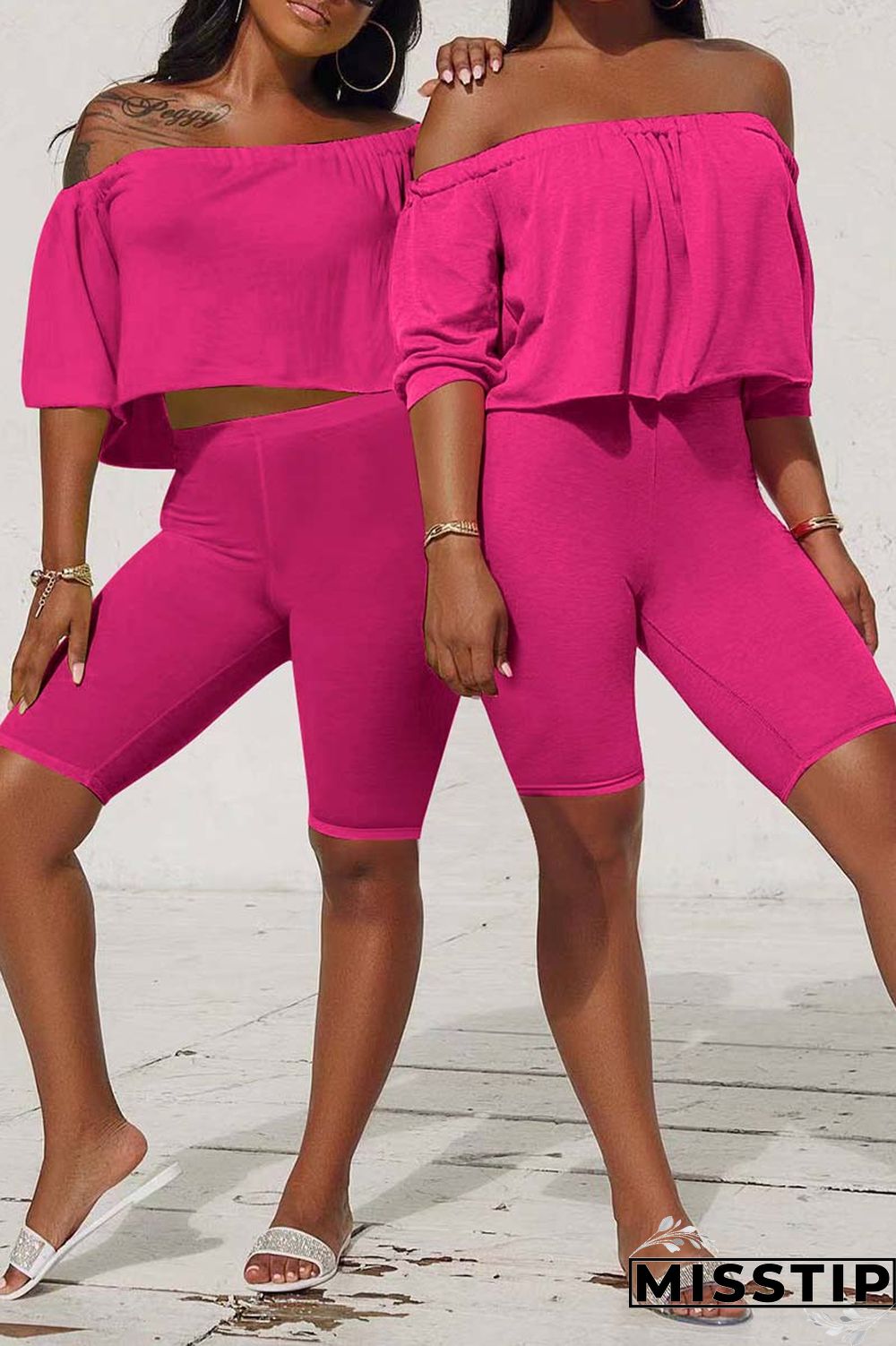 Fluorescent Green Casual Solid Patchwork Off the Shoulder Half Sleeve Two Pieces