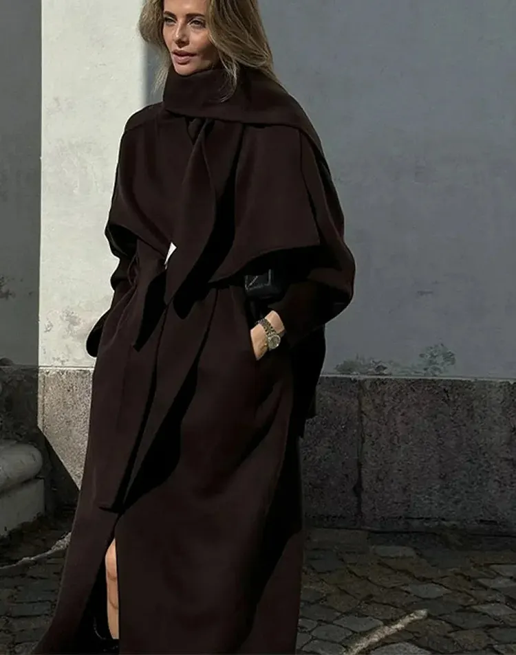 Women's Scarf Collar Woolen Belted Overcoat