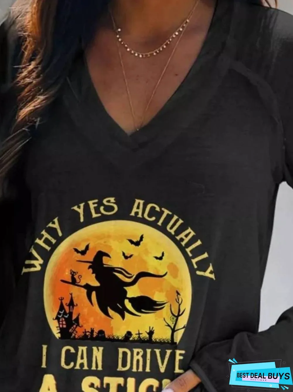 Halloween Casual Long Sleeve V Neck Printed Tunic Top