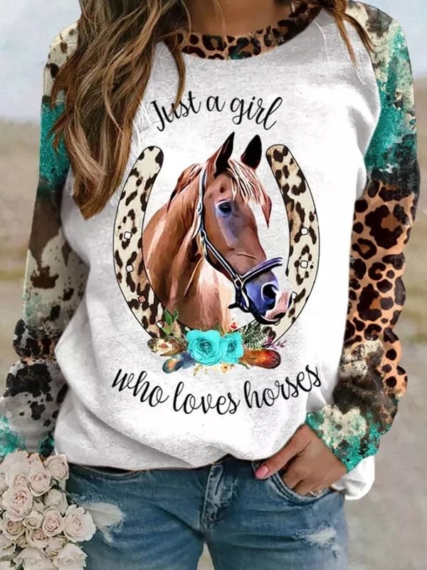 Womens Western Cowgirl Style Horse Feather Tribal Print Casual Sweatshirt