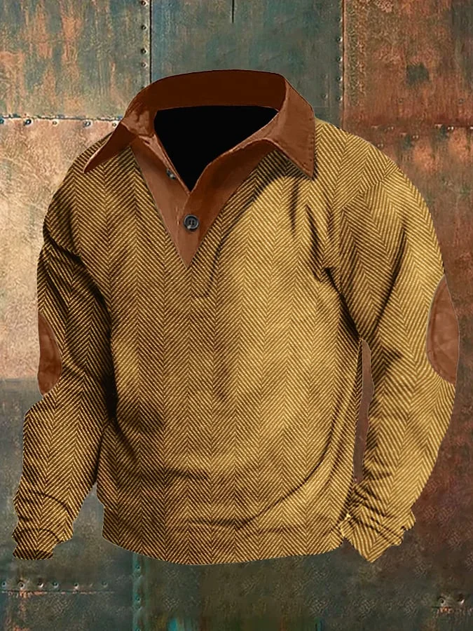 Men's Vintage Herringbone Contrast Patchwork Lapel Buttoned Sweatshirt