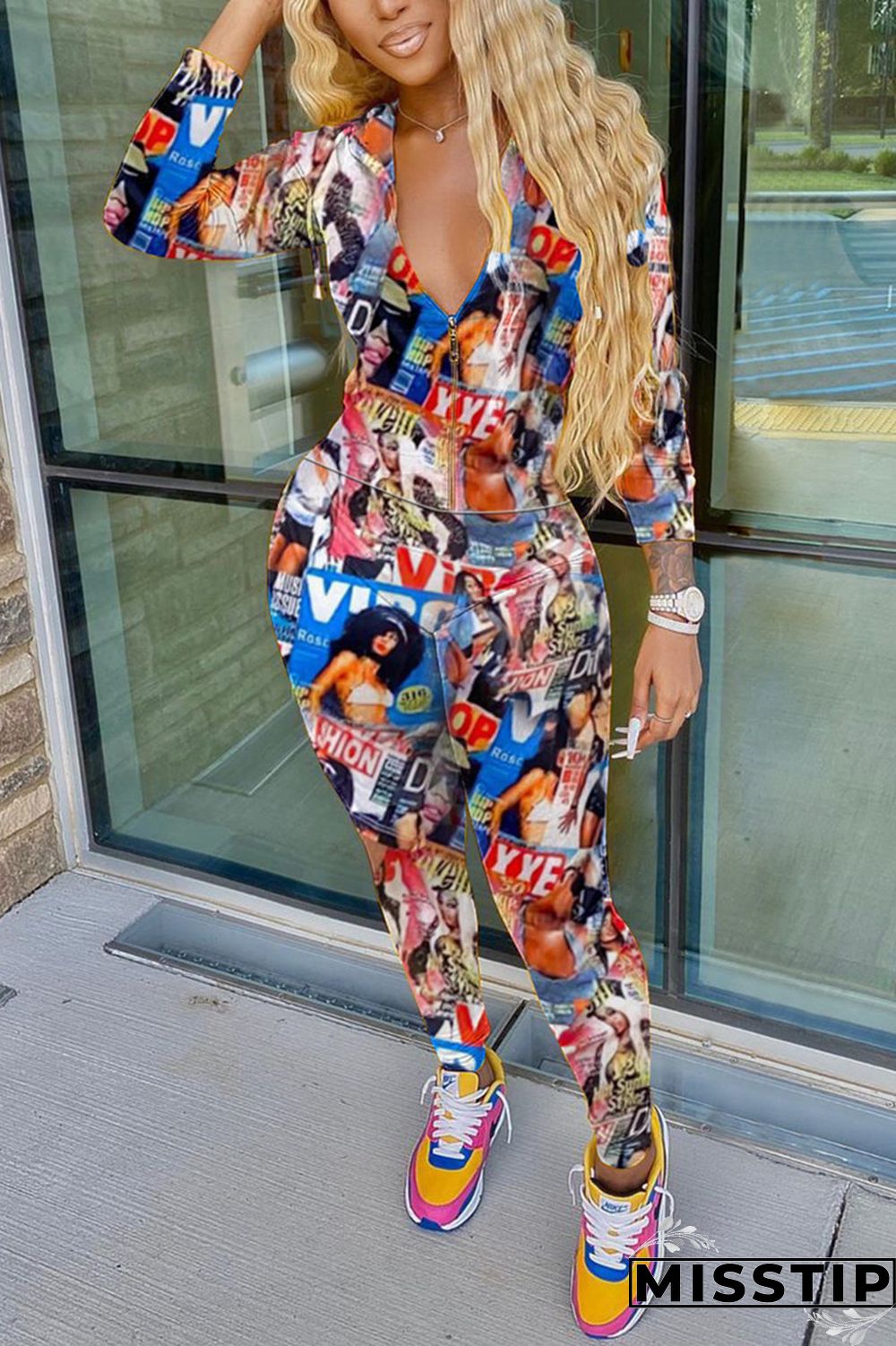 Multi Fashion Casual Long Sleeve Zipper Collar Regular Sleeve Regular Print Two Pieces