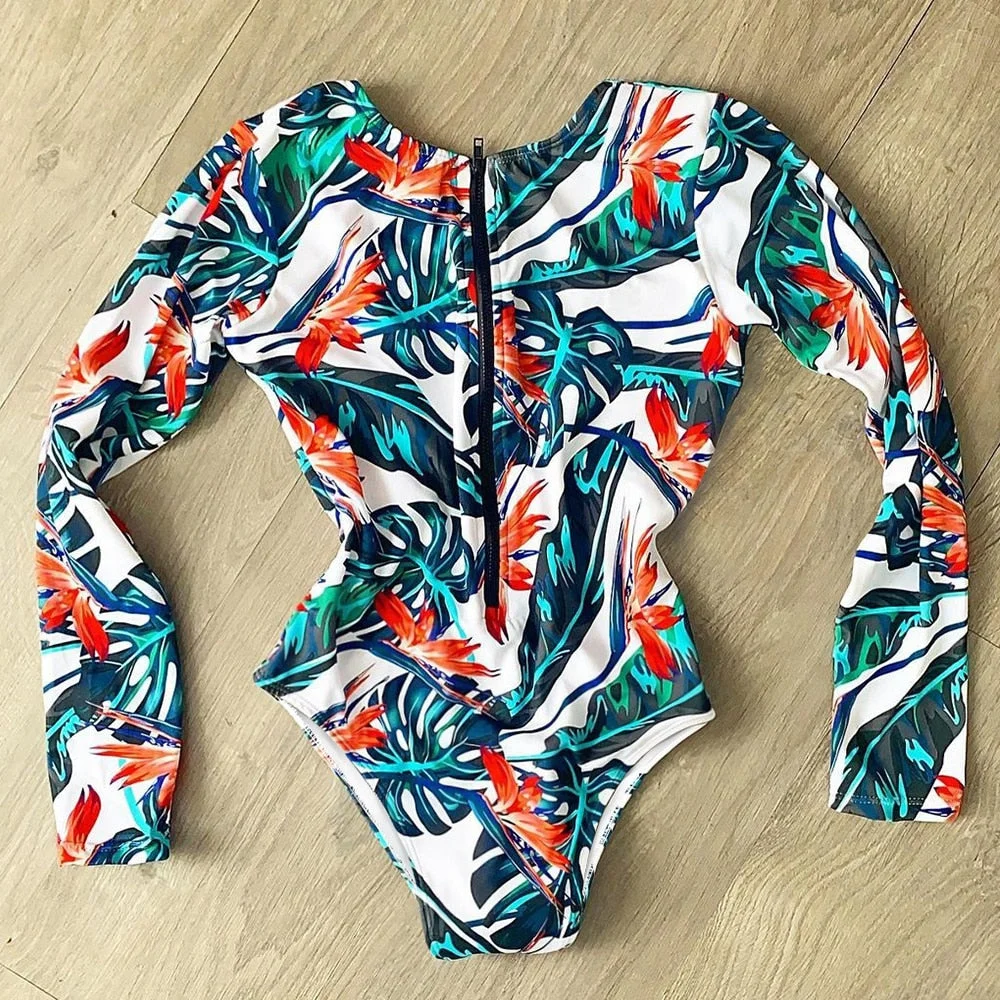 Long Sleeve Print Floral 2021 New One Piece Swimsuit Swimwear Women Zipper Bathing Suit Retro Swimsuit Vintage Surfing Swim Suit