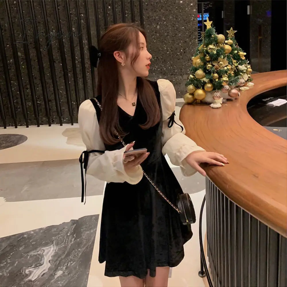Ingvn - French Vintage Mini Dress Women Spring Lace Bow Velvet Evening Party Female Y2K Casual