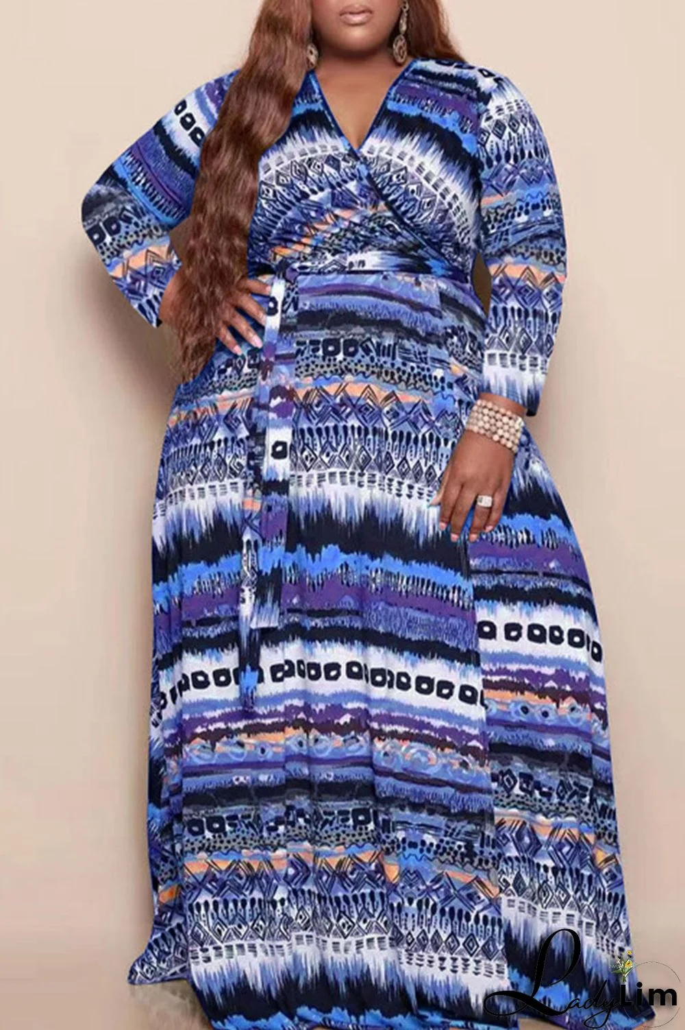 Blue Casual Print Bandage Patchwork V Neck Long Sleeve Plus Size Dresses