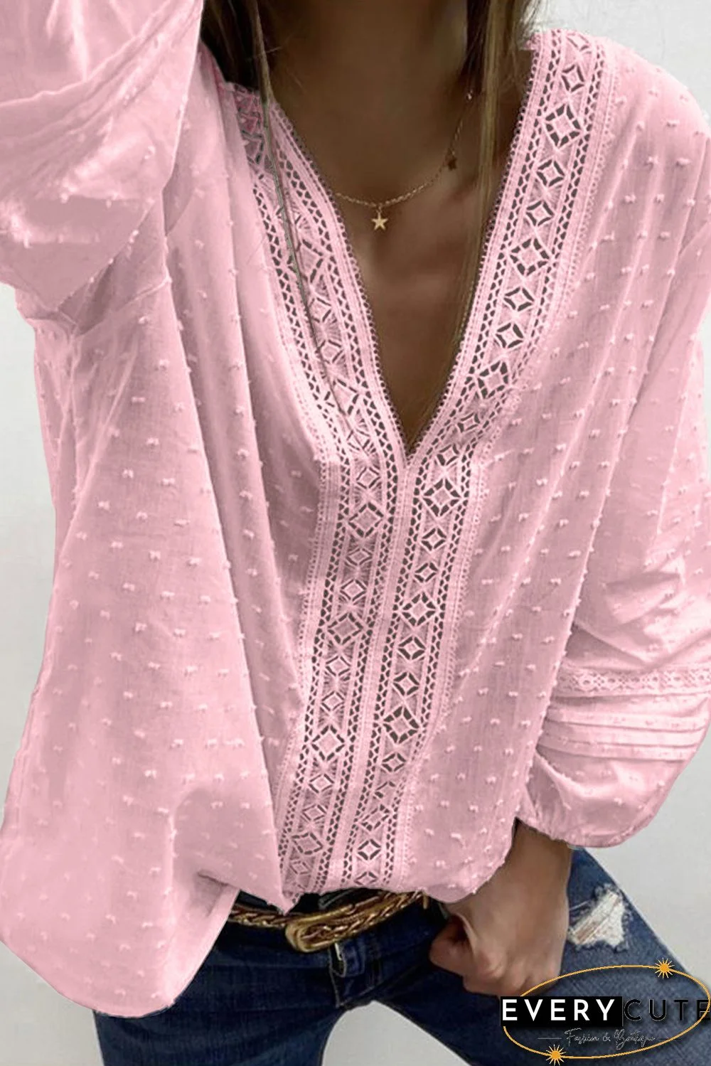 Pink V Neck 3/4 Sleeve Swiss Dot Casual Shirt