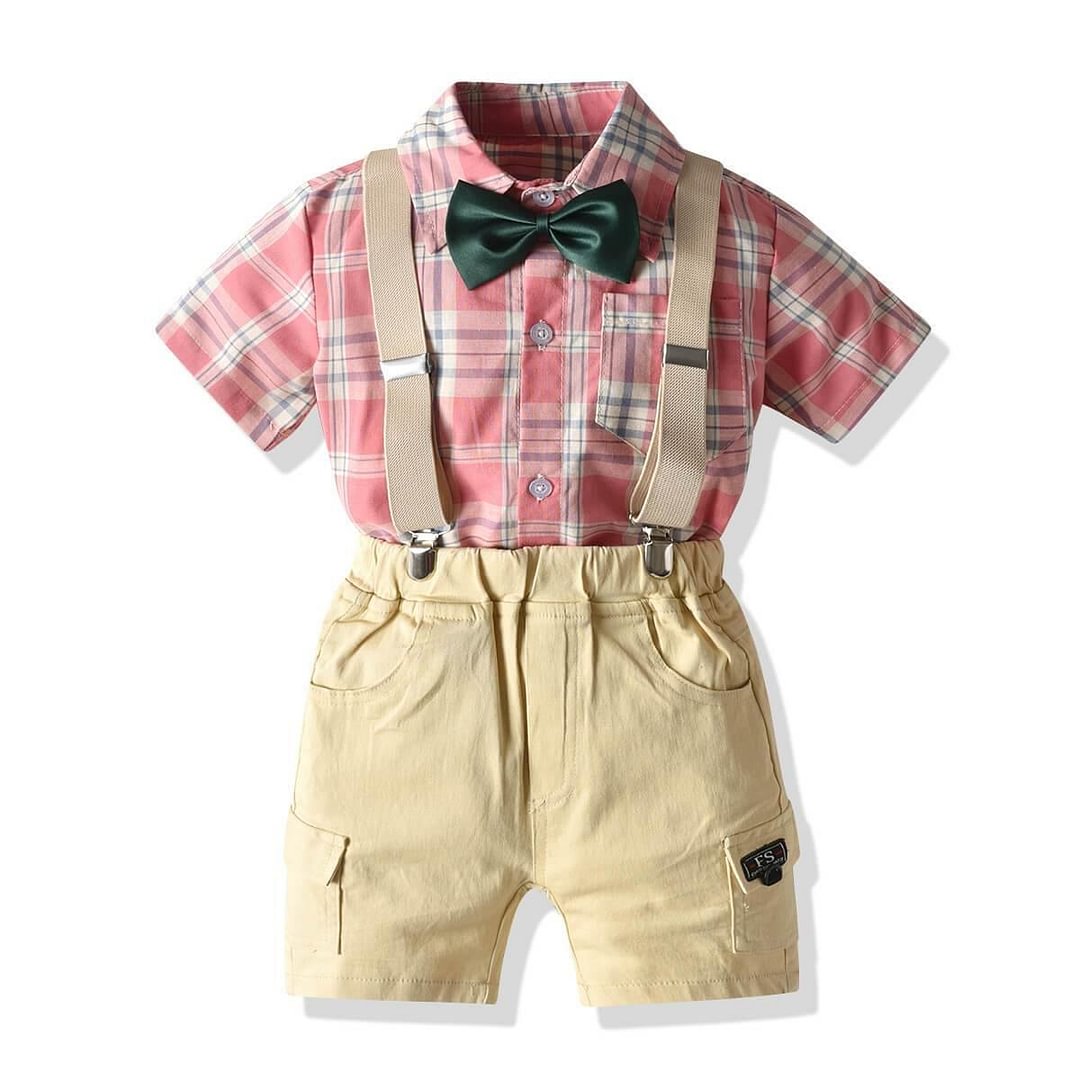 Buzzdaisy Checked Short Sleeve Shirt Bowtie Shorts Summer Baby Little Boys Suits