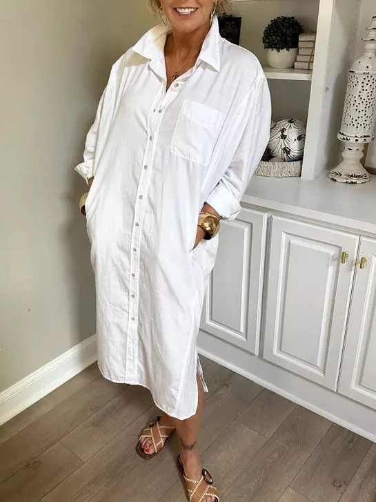 White V-Neck Long Maxi Slip Shirt Dress