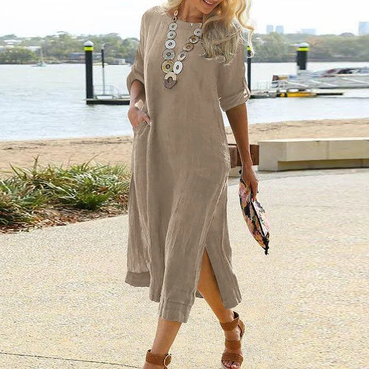 Cotton Casual Retro Long Shirt Dress Long Sleeve Hem Slit Skirt