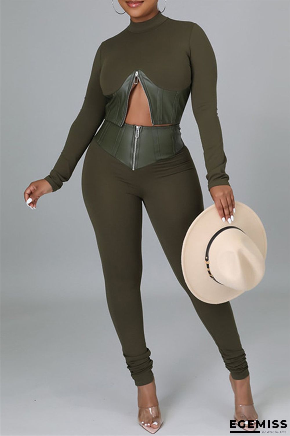 Army Green Fashion Casual Patchwork Zipper Half A Turtleneck Long Sleeve Two Pieces | EGEMISS