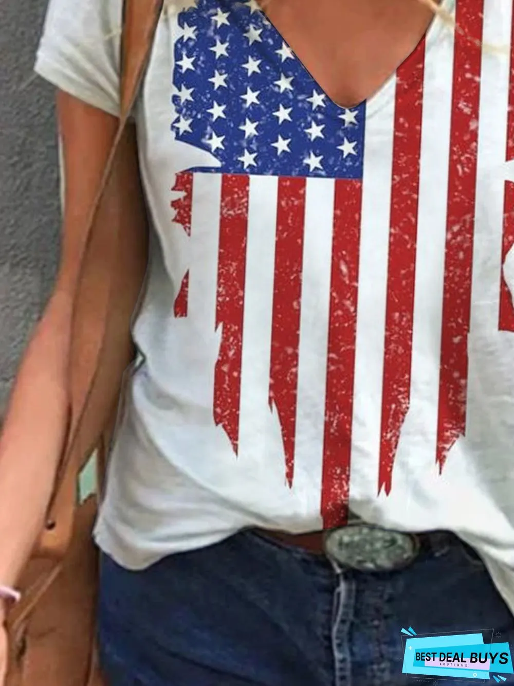 Graphic  Short Sleeve  Printed  Cotton-blend  V neck  Casual Summer White Top
