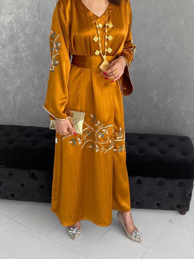 Floral Embroidered V Neck Long Sleeve Kaftan Dress