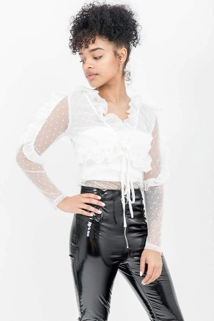 White Sheer Ruffle Bodysuit Katch Me