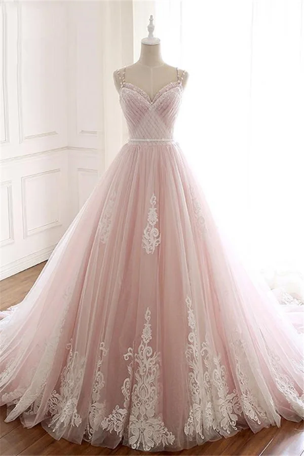 Daisda Spaghetti-Strap Sleeveless Wedding Dress Tulle with Lace Applique