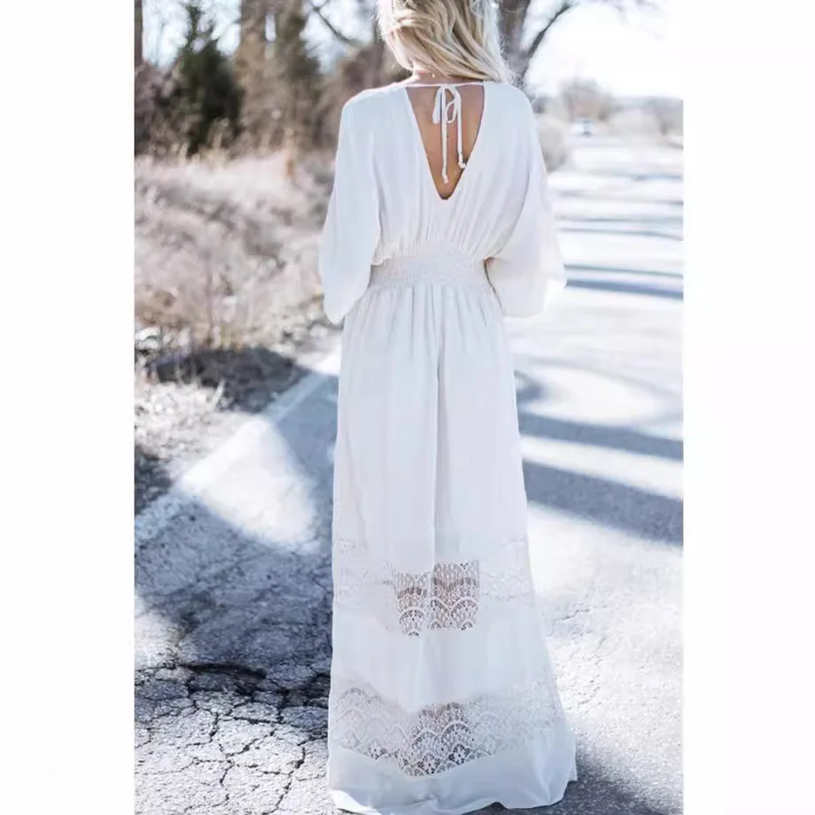 Uveng Uveng Spring And Summer Female Bohemian Beach White Cotton Wrinkled Dress Solid Color Long Dress