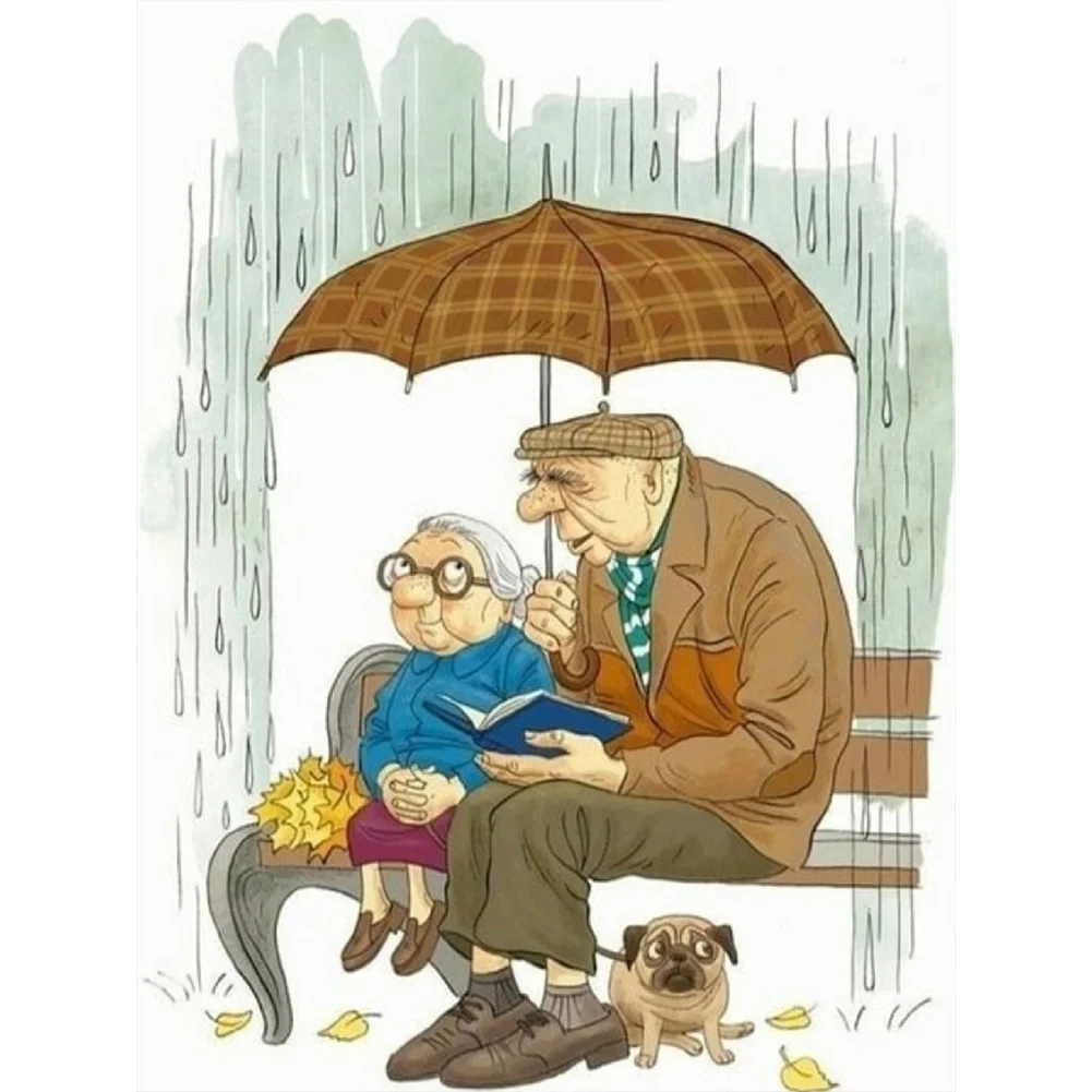 Full Round Diamond Painting 30*40cm - Old Couple Dating In The Rain