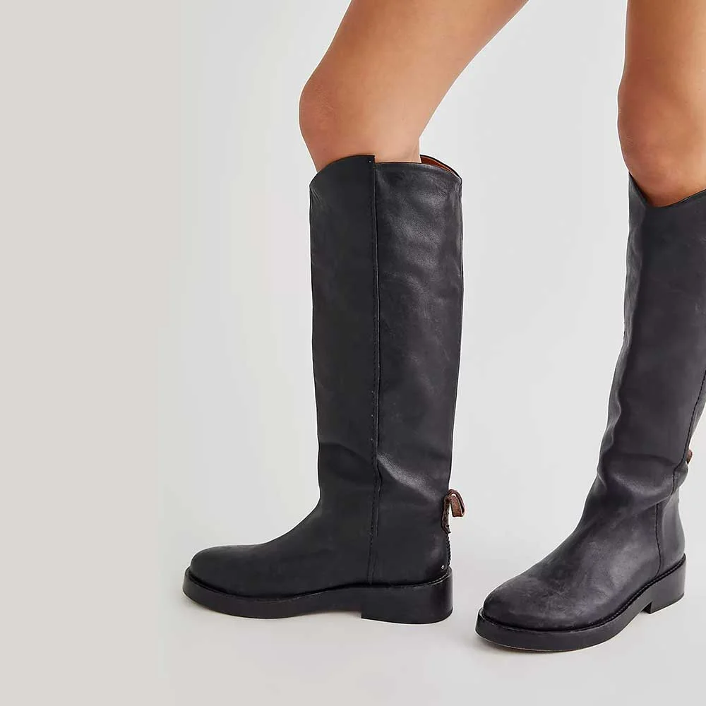 Black Faux Leather Round Toe Chunky Heel Pull Tab Knee High Boots