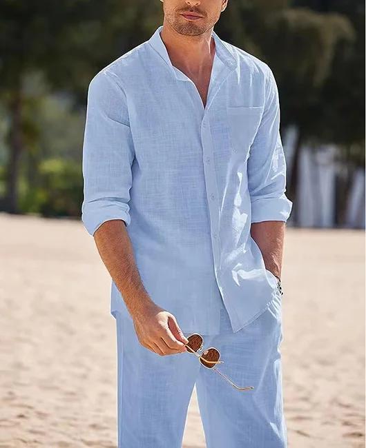 Solid Stand Collar Long Sleeve Shirt & Pants 2Pcs Set 