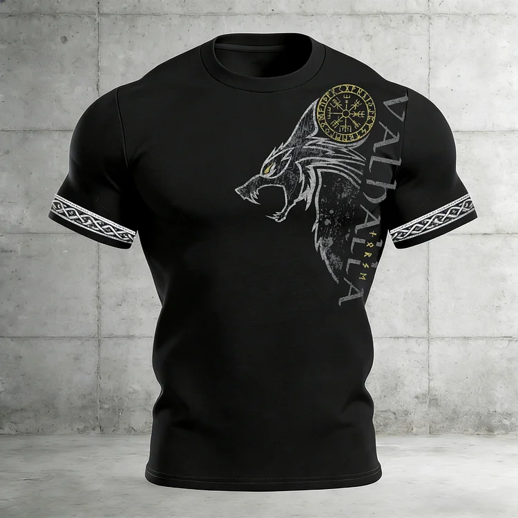 Men's Retro Viking Valhalla With Wolf Rune Print Short-sleeve T-shirt