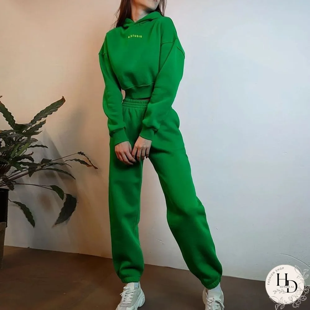 Autumn Long Sleeved Solid Chunky Tracksuit Women Hoodie Top + Elastic Waist Pants Casual Outfit Winter Warm Two Piece Sets