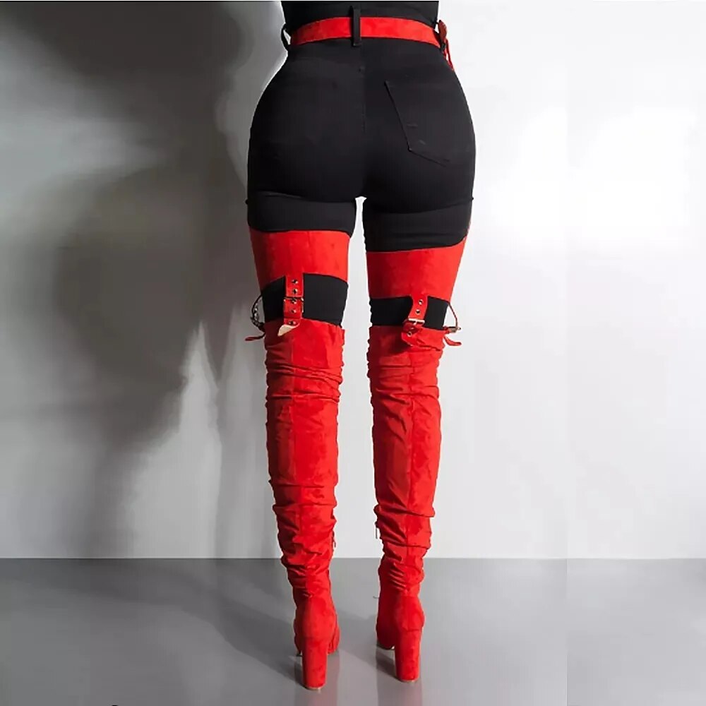 Womens Suede Leather Over The Knee Boots Buckle Belted Thigh High Boots Ladies Chunky Heel Shoes Long Pants Boots