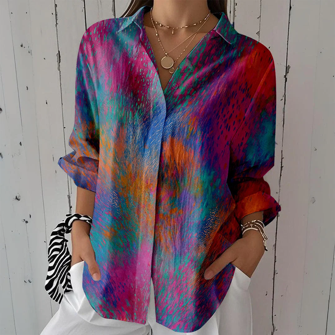 Style & Comfort for Mature Women Women Tie-Dyed, Red DZCL0353 3/4 Sleeve Shirt Collar Printed Button Tops