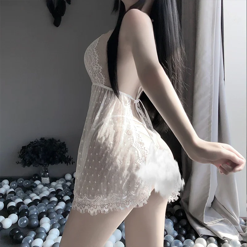 Billionm 2 Colors Sexy Transparent Mesh Lace Wave Point Women's Underwear Halter Backless Split Erotic Lingerie for Sex Plus Size