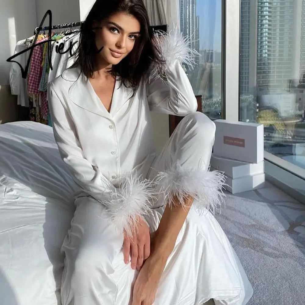 Trendy Women Pajamas Set Autumn Casual Lapel Tops + Feather 2Pcs Pants Suits Sexy Lingerie Nightwear Silk Satin Pyjamas pjs Suit Aiertu