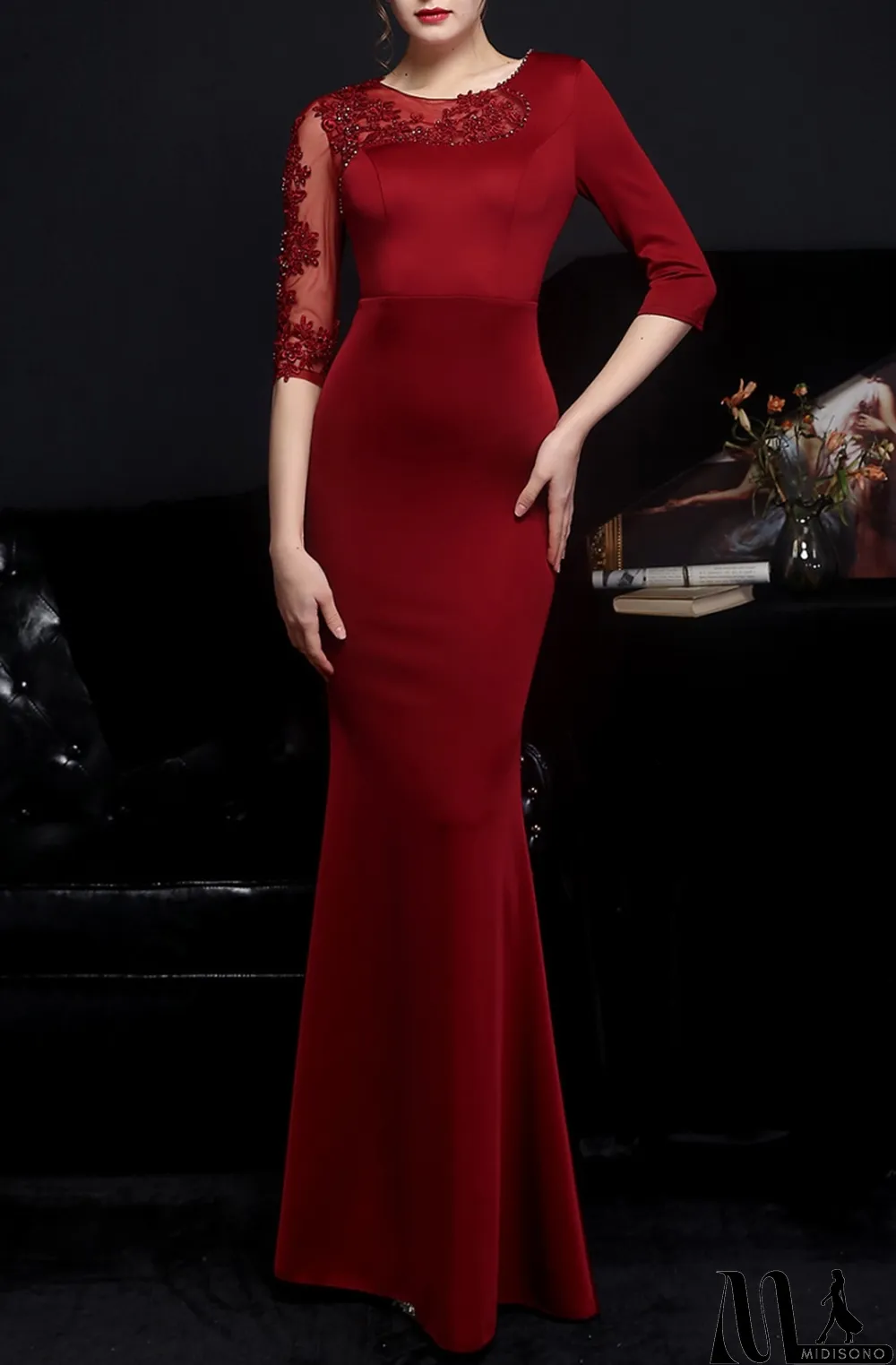 MidiSono - Summer Red Half Sleeve Mermaid Evening Dress