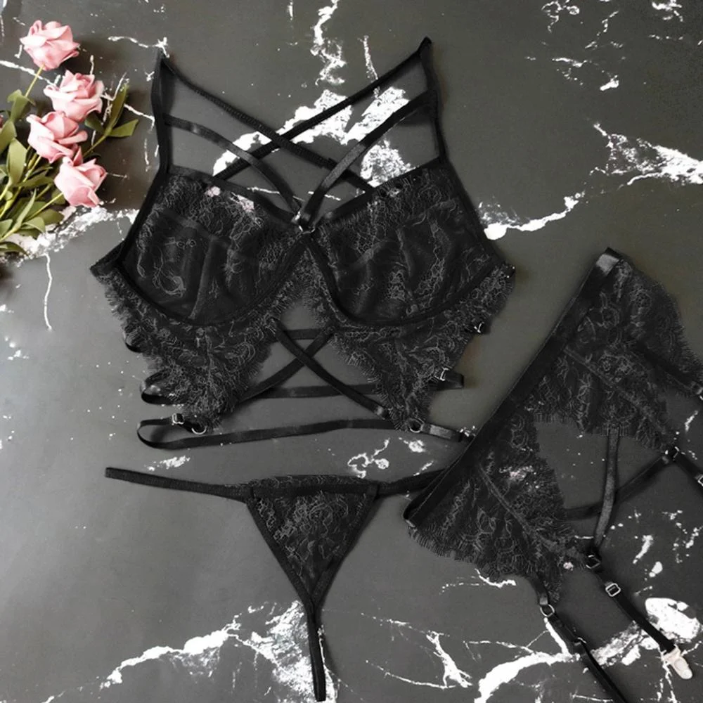 Fashion Women Sissy Lace Lingerie Straps Bra Panty Bandage Set Back Closure Underwear Nightwear G-String  Lingerie Sets Lenceria