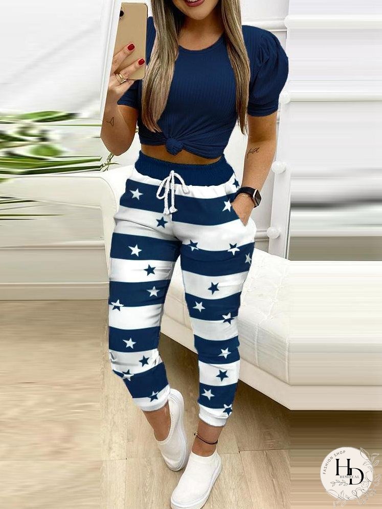 Colorblock Star Print Drawstring Skinny Pants for Women