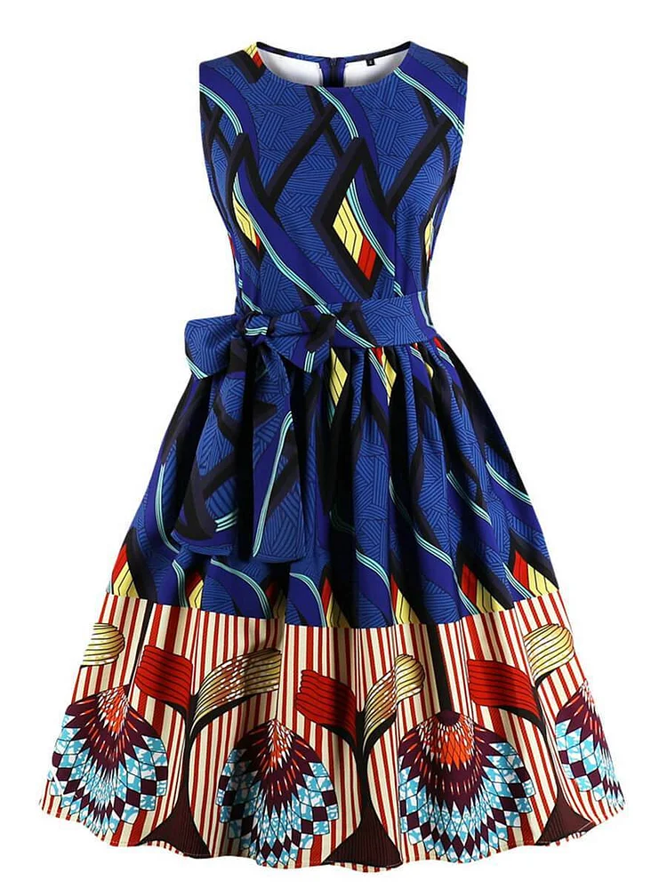 Mayoulove Ethnic Dress Print O Neck Sleeveless Dress for Women-Mayoulove